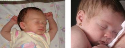 Baby girl with normal ears and the with pierced ears